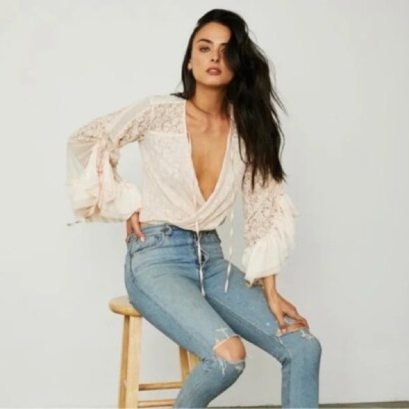 We Are Hah Tops - Sheer Lace Tie-Front Blouse in Blush